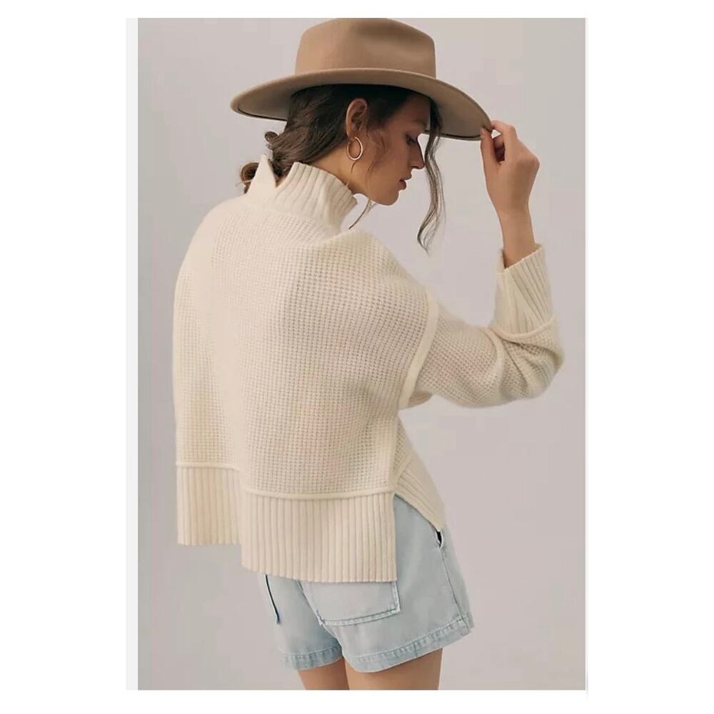 NWT Anthropologie 100% Cashmere Mockneck Sweater Cocoabella Ivory Size Small